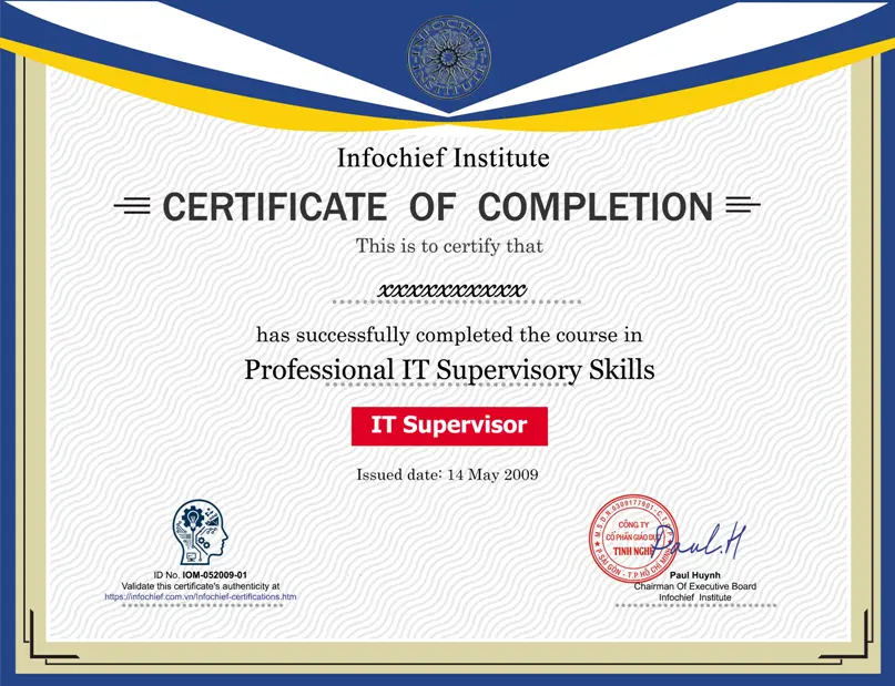 Mẫu chứng nhận Kỹ năng Giám sát IT Chuyên nghiệp của Infochief Academy