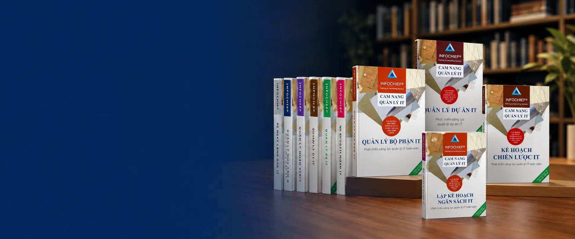 Bộ sách quản lý IT của Infochief Academy trong không gian thư viện doanh nghiệp